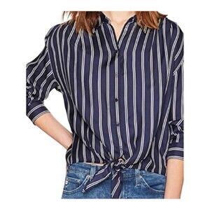 Joie 100% Silk Navy White Striped Button Up Womens Shirt Tie Front Size XS